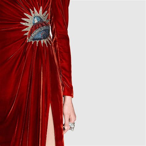 gucci red velvet dress ufo|Gucci UFO Embroidered Velvet Gown .